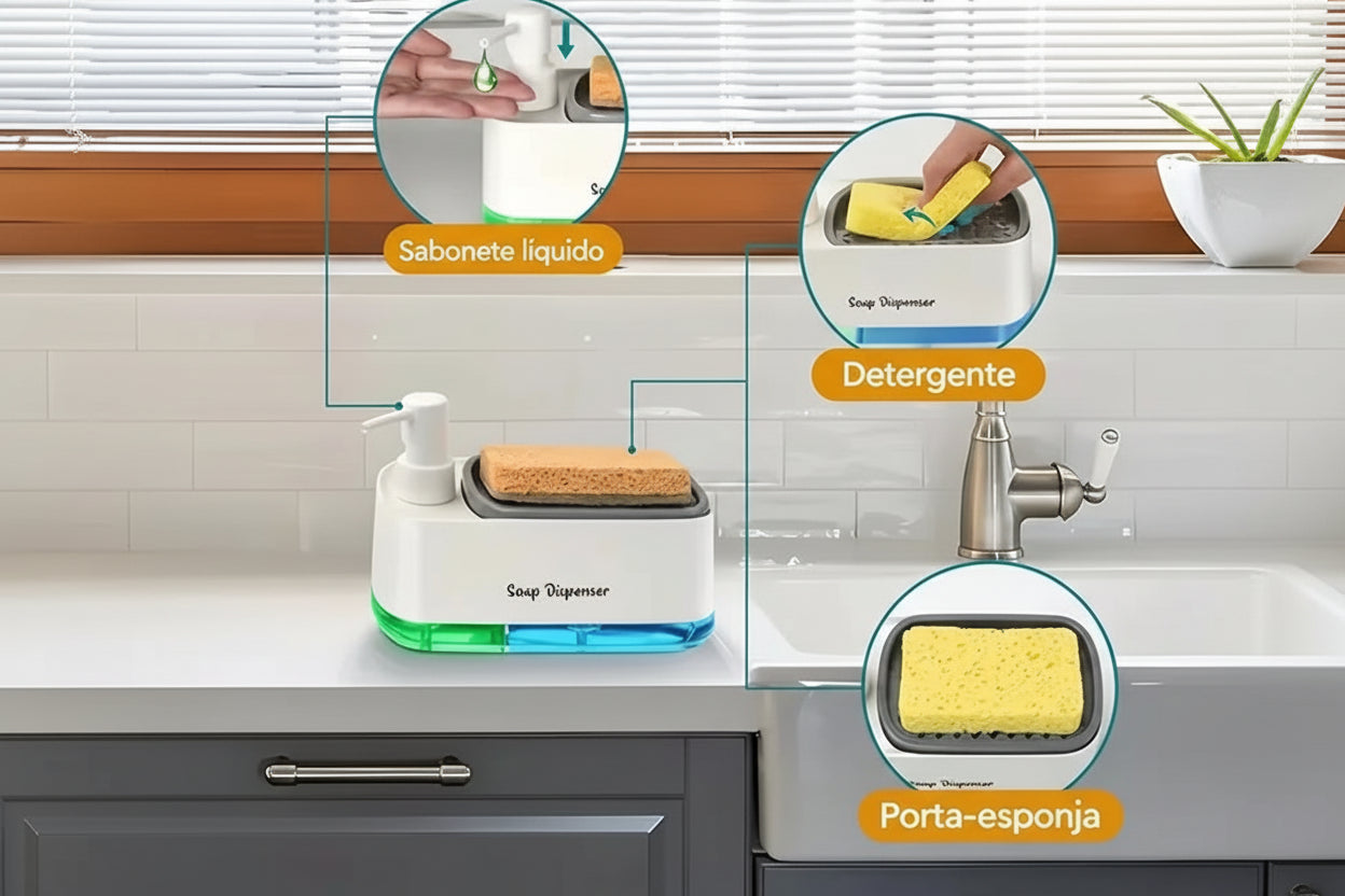 Trinity Clean 3 em 1 - Organizador de Pia Inteligente com Dispenser Duplo